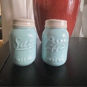 $15 SALE Farmhouse Salt Pepper Shaker Ceramic Lt Blue Mason Jar Collectible 3”
